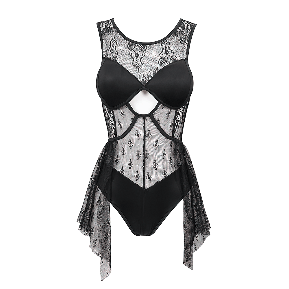 Sexy Women's Sheer Lace Bodysuit with Lace-up Back